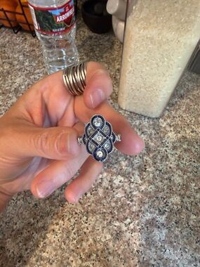 Silver-Tone Blue & Clear Vintage Style Statement Ring - Women Jewelry